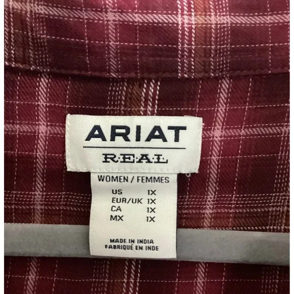 Ariat Real Womens Trailblaze Snap Shirt 1X Maroon Plaid Western Cowgirl Core NWT - Picture 2 of 9